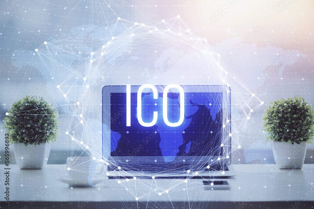 Poster Double exposure of blockchain and crypto economy theme hologram and table with computer background. Concept of bitcoin cryptocurrency.