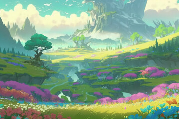 Fantasy Landscape with majestic trees, rocky cliffs, and waterfalls in the style of Japanse anime cel-shading.