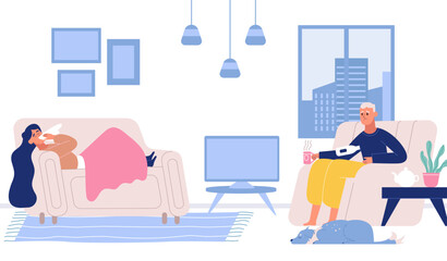 Fototapeta premium Sick people suffering from flu, cold at home. Woman lying on sofa under blanket, man sitting in armchair drinking hot tea