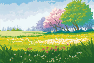 Grassy field with pink trees and yellow and red wildflowers. Illustration of a blue sky with wild in an open field.