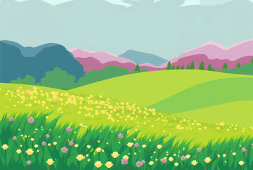 Naklejka premium Grassy hills with pink trees and yellow wildflowers. Illustration of yellow flowers in an open field.