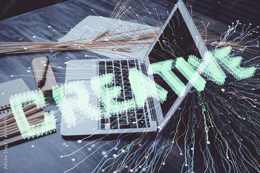 Poster Desktop computer background in office and start up theme hologram drawing. Double exposure. Startup concept.