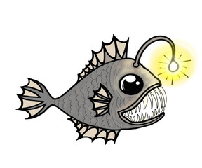 Hand drawing of a deep sea and abyssal lanternfish. With its sharp teeth and luminous antenna.