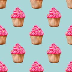 Seamless pattern with cupcakes on a blue background. Watercolor design for Valentine's Day, Birthday, Wedding, Anniversary. Ideal for printing on packaging, wrapping, stationery, fabrics, textiles..