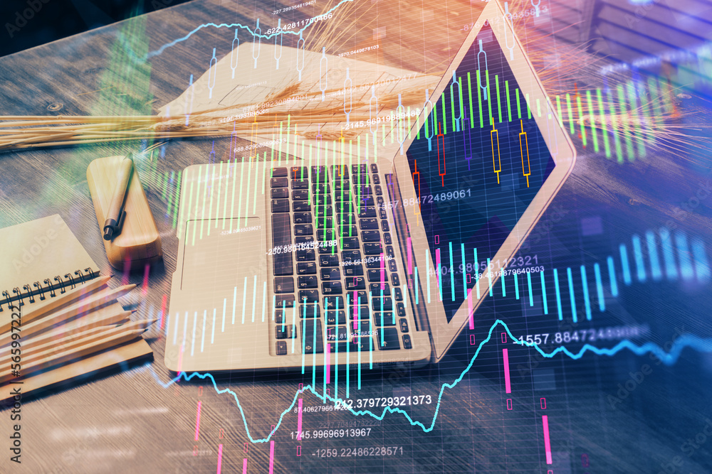 Poster double exposure of forex chart and work space with computer. concept of international online trading