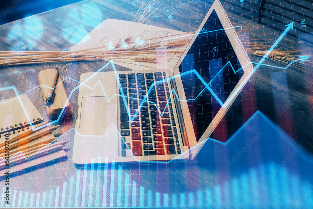 Poster double exposure of forex chart and work space with computer. concept of international online trading