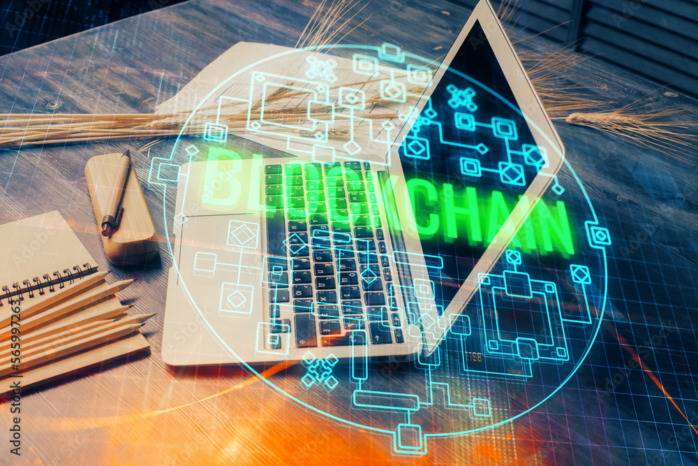 Poster Double exposure of blockchain and crypto economy theme hologram and table with computer background. Concept of bitcoin cryptocurrency.
