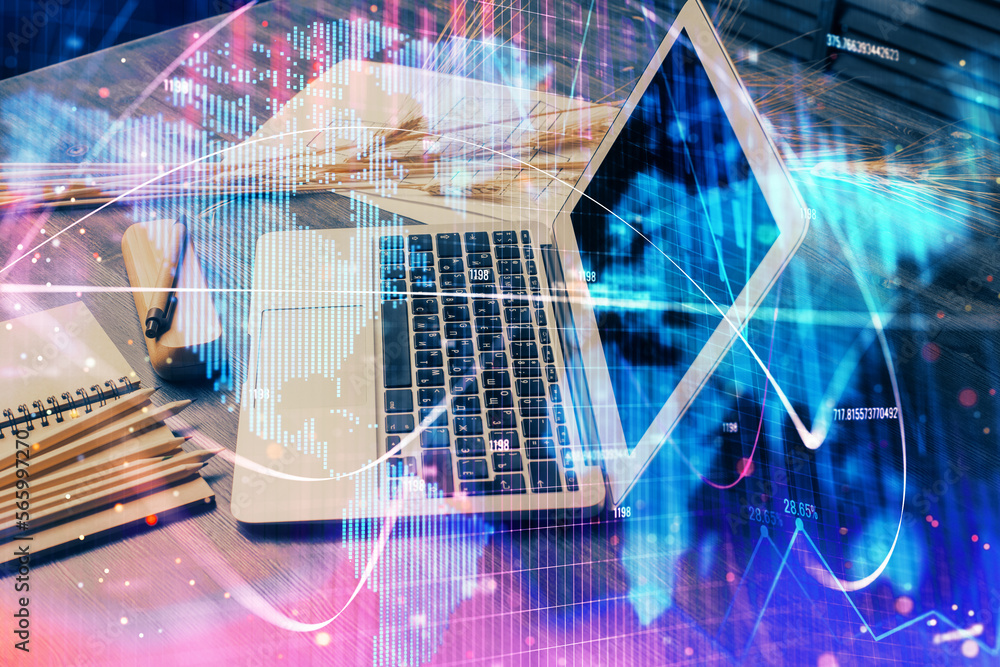 Aufkleber double exposure of business theme icons and work space with computer background. concept of success.