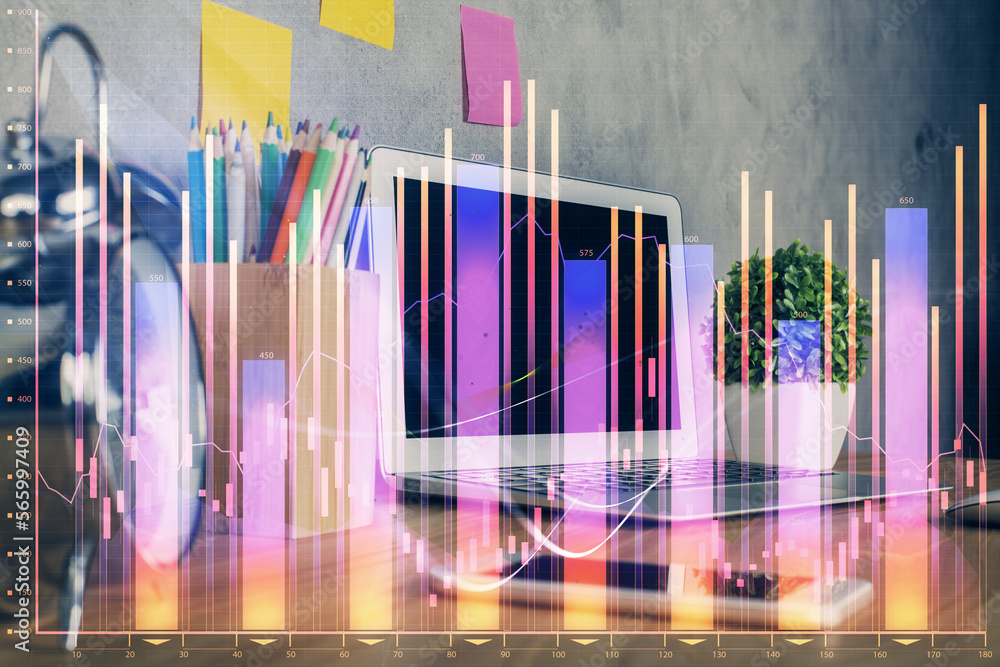 Poster Double exposure of chart and financial info and work space with computer background. Concept of international online trading.