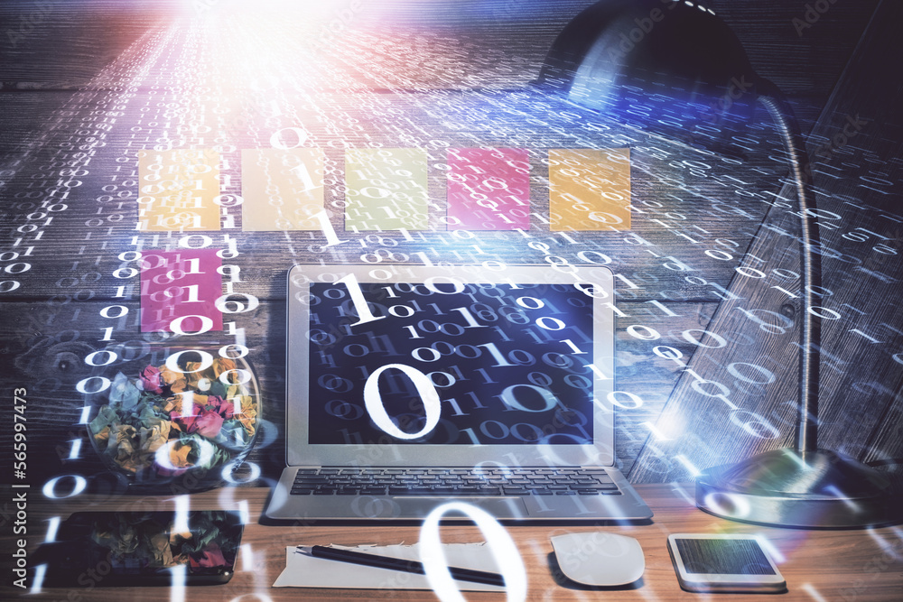 Fototapete Multi exposure of desktop with computer on background and tech theme drawing. Concept of big data.