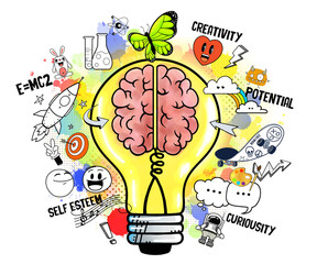 Drawing of a brain in a bulb light full of creativity, potentiel and intelligence.