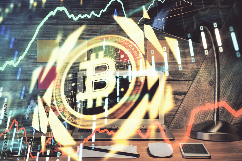 Aufkleber Double exposure of blockchain and crypto economy theme hologram and table with computer background. Concept of bitcoin cryptocurrency.