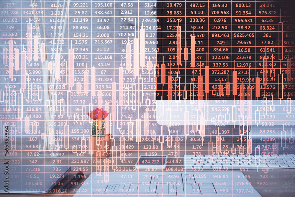 Poster double exposure of forex chart and work space with computer. concept of international online trading