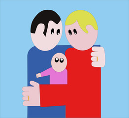 couple of men tenderly look at the newborn baby in their arms