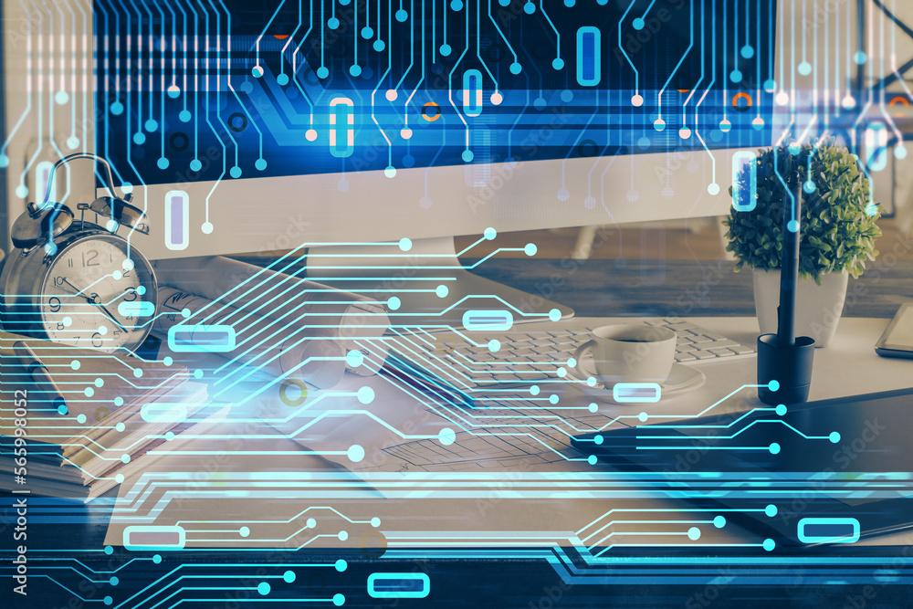 Poster Double exposure of desktop with computer on background and tech theme drawing. Concept of big data.