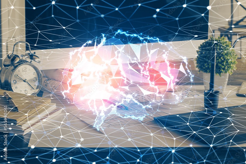 Poster double exposure of desktop computer and human brain drawing hologram. ai concept.