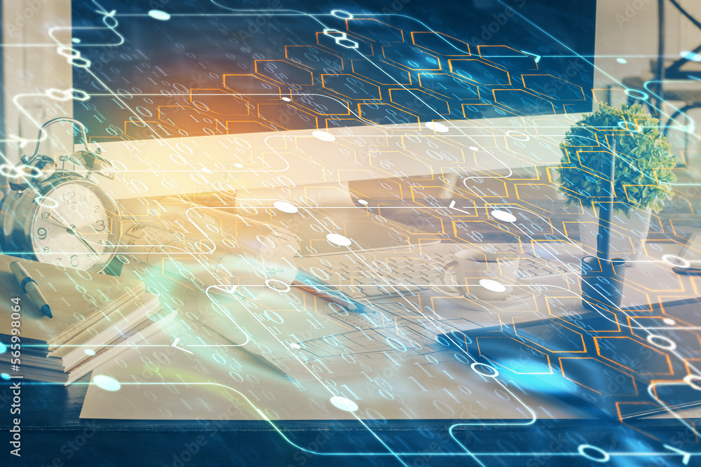 Leinwandbilder Double exposure of desktop with computer on background and tech theme drawing. Concept of big data.