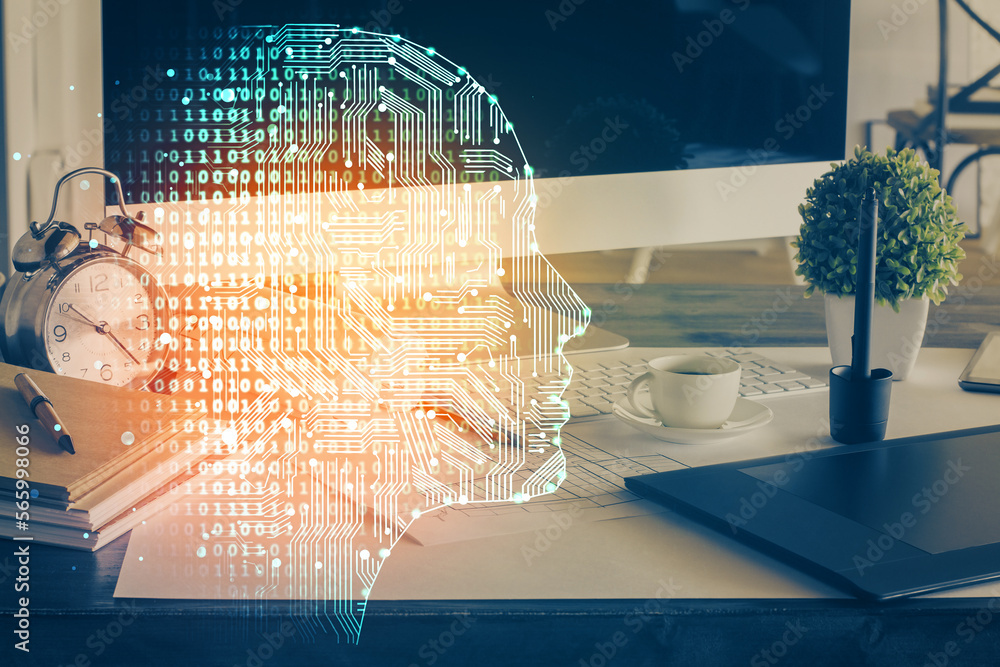 Poster double exposure of desktop computer and human brain drawing hologram. ai concept.