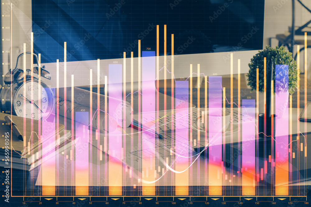 Aufkleber double exposure of chart and financial info and work space with computer background. concept of inte