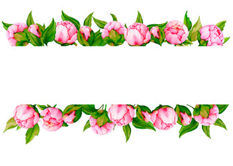 Watercolor border with pink peonies. Botanical hand painted banner. Wedding, Valentine's Day, birthday, anniversary design.
