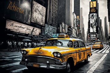 New York Yellow Cab Taxi On Times Square - Illustration, Wallpaper