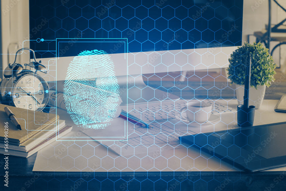 Poster computer on desktop in office with finger print drawing. double exposure. concept of business data s