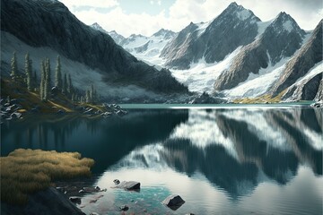  a painting of a mountain lake surrounded by trees and rocks with a cloudy sky in the background and a few clouds in the sky above the water.  generative ai