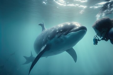  a man is swimming next to a large whale in the ocean with a scuba mask on his face and a scuba mask on his mouth.  generative ai
