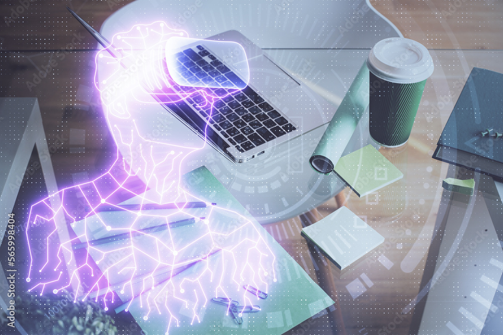Aufkleber computer on desktop with ar theme icon. multi exposure. concept of augmented reality.