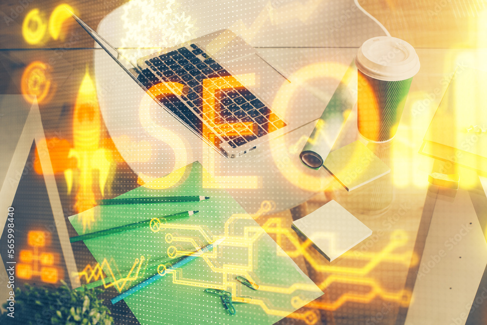 Poster Double exposure of table with computer and seo drawing hologram. Search optimization concept.
