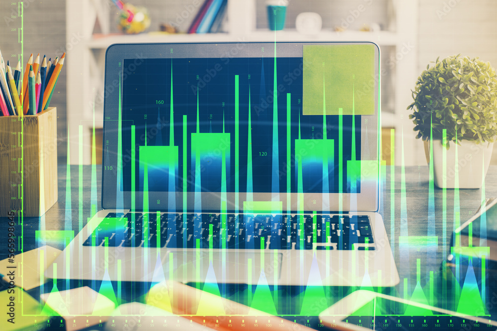 Poster double exposure of forex chart and work space with computer. concept of international online trading