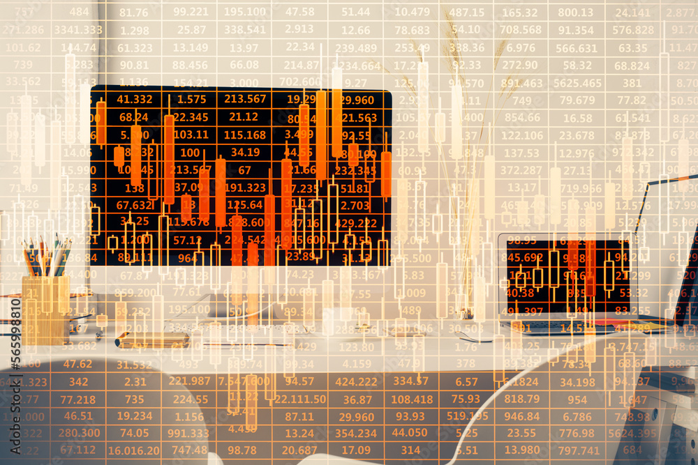 Poster double exposure of forex chart and work space with computer. concept of international online trading