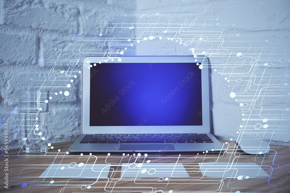 Poster Double exposure of desktop with personal computer on background and tech theme drawing. Concept of Bigdata.