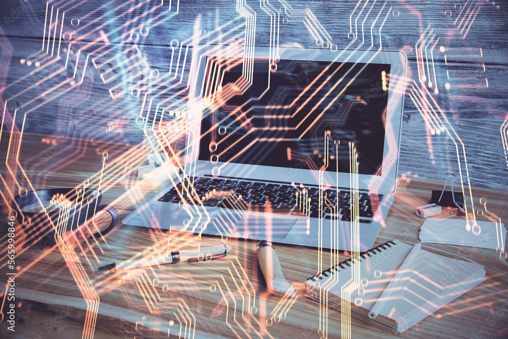 Poster Computer on desktop in office with technology theme hologram. Double exposure. Tech concept.