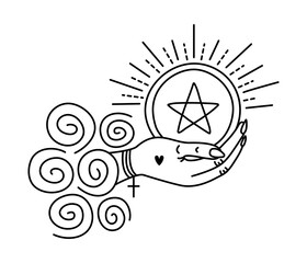 Ace of pentacles, cute vector tarot card symbol in minimal style. Black line illustration