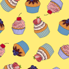 Cupcakes seamless pattern. Vector illustration.
