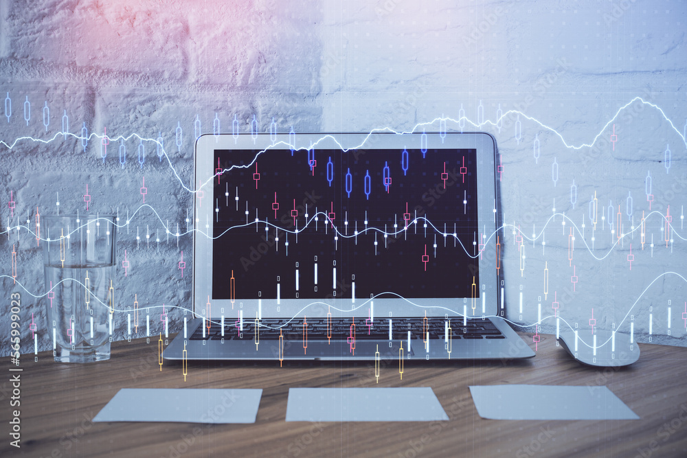 Poster Double exposure of forex chart and work space with computer. Concept of international online trading.