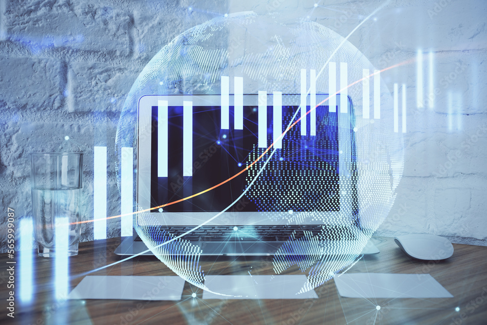 Poster double exposure of forex chart and work space with computer. concept of international online trading
