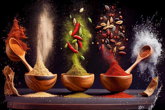 abstract background. Freeze explosion of spices isolated on black background. 3d illustration. Generative AI