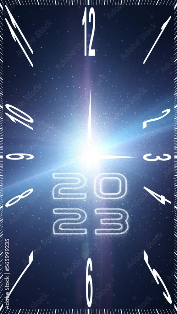 Poster infinity cosmos time looping clock with year 2023 on artistic glowing light universe science animati