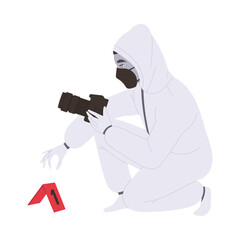 Man Police Expert in Suit Collecting Evidence at Crime Site Vector Illustration