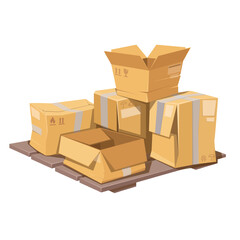 Cardboard broken boxes on wooden pallet vector illustration. Cartoon pile of damaged packages with different damages of bad delivery, isolated crumpled and wrinkled paper containers, open parcel box