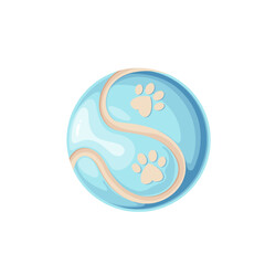 Toy ball for games of dogs and cats vector illustration. Cartoon isolated blue tennis ball with wavy line decoration and pattern of animal paw prints, accessory for playing and object of pet shop