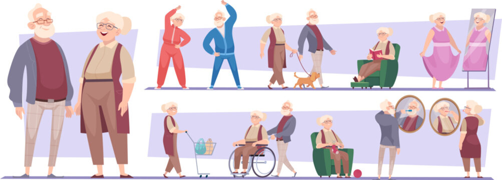 Elderly persons. Male and female characters grandmother and grandfather senior people in casual style clothes exact vector illustrations set
