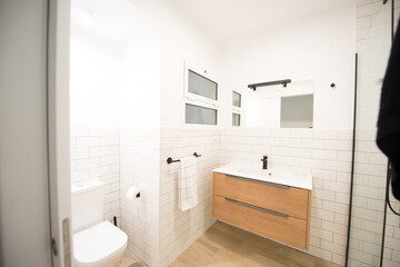 Fototapeta na wymiar modern bathroom in a house in white tones with wood