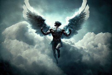 artistic painting of a winged man above the clouds freed from stress Ai generated