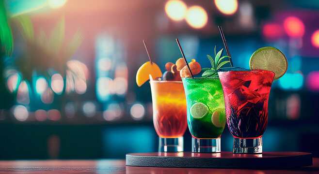 Cocktails on a bar counter with party lights and blur background with copy space. Tropical beverage. Holidays, celebration, nightclub, bar, celebrate. Generative AI.