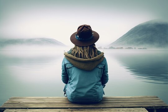 A woman sitting with her back to a jetty looks relaxedly at the mountains on the other side of the lake, taking a break from her journey. Ai generated.
