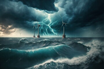 Fototapeta premium Offshore storms can cause damage to wind turbine farms. AI generated.