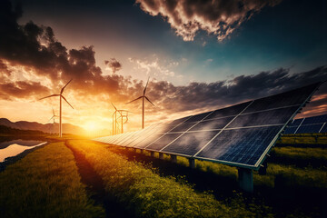 Fototapeta premium New generation of solar panels that work at night together with wind turbines. Ai generated.